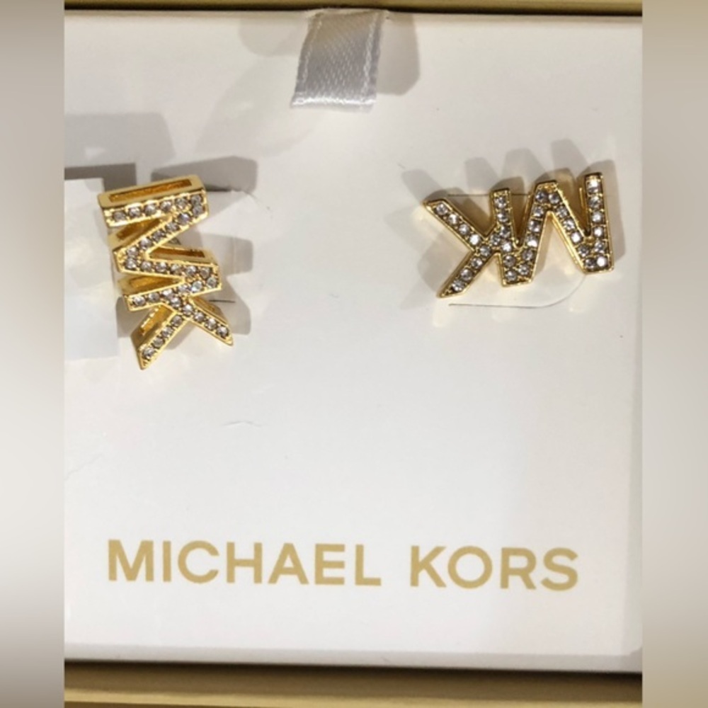 Michael Kors round crystal rhinestone embellished MK logo monogram stud earrings